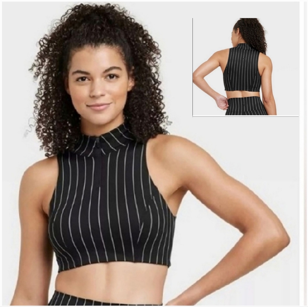 JoyLab Women's High Neck Zip Up Athletic Bra Striped ~ Longline Bra ~ Black